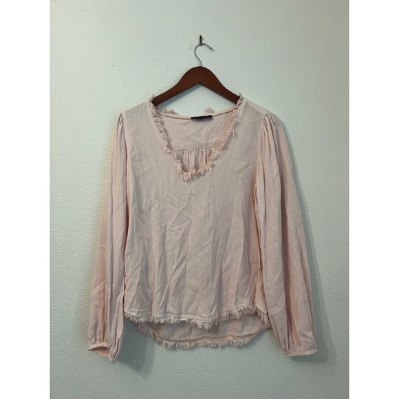 Maven West Pink Long Sleeve Fringed Hem V Neck Blouse Top - Picture 1 of 3